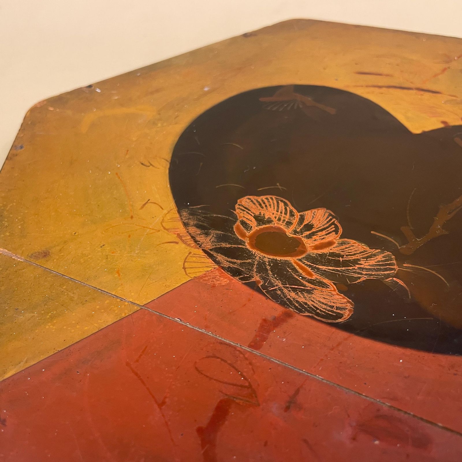 Antique Chinese Wooden Red Lacquer Box Hand Painted Oriental Decorative Storage Box Asian Art Collectible Hexagon Lidded Lid photo vinterior