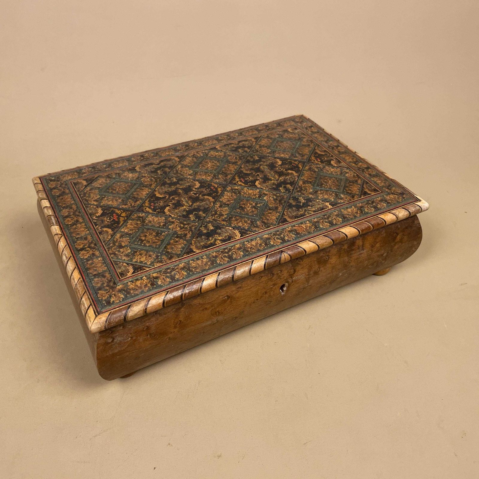 Wooden Rectangle Marquetry Inlay Box Trinket Jewellery Lidded Top Lid Patterned Pattern Handmade Table Top Wood Detailed Geometric Pattern