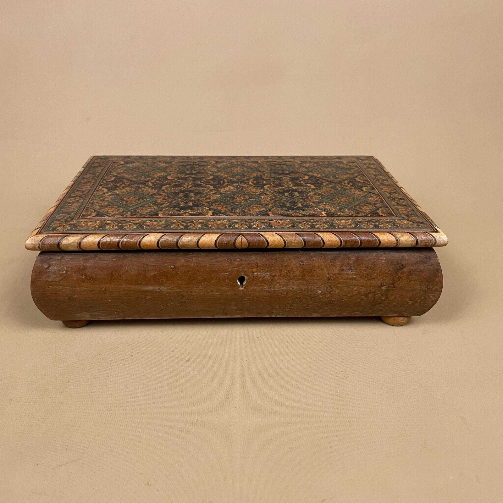 Wooden Rectangle Marquetry Inlay Box Trinket Jewellery Lidded Top Lid Patterned Pattern Handmade Table Top Wood Detailed Geometric Pattern photo Home Decor