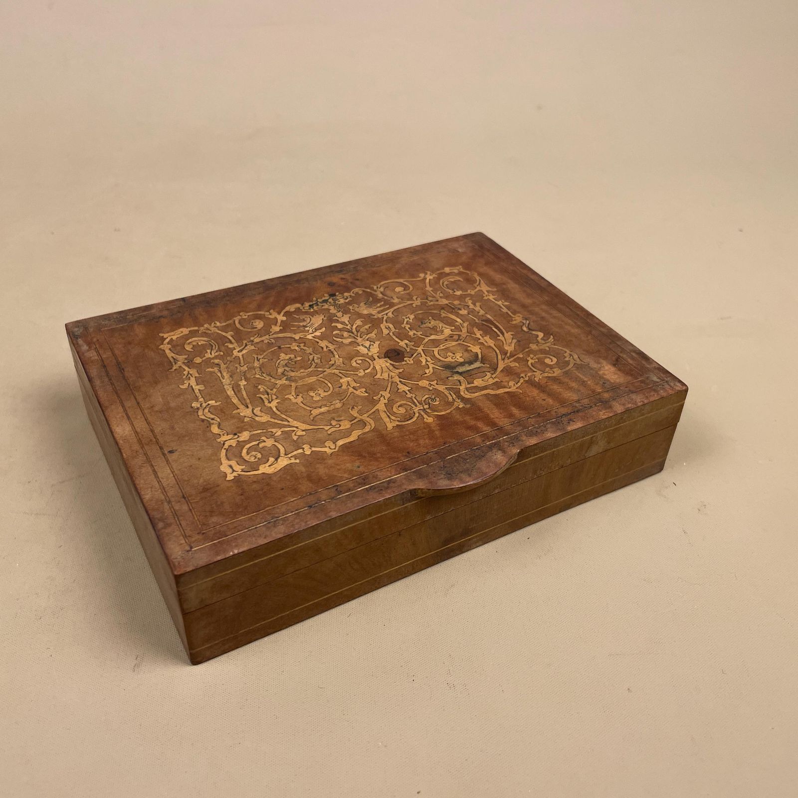 Wooden Rectangle Marquetry Inlay Box Trinket Jewellery Lidded Top Lid Patterned Pattern Handmade Table Top Wood Detailed Ornate Pattern photo Home Decor