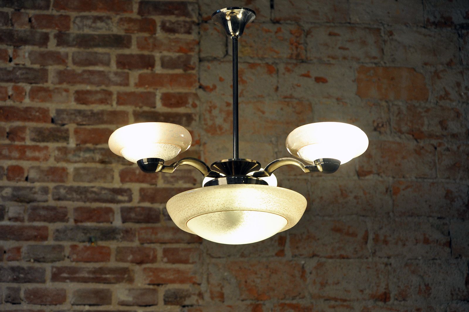 Restored Art Deco Chandelier, Chrome Plated Steel, Marble Glass, Czech, 1920s photo vinterior