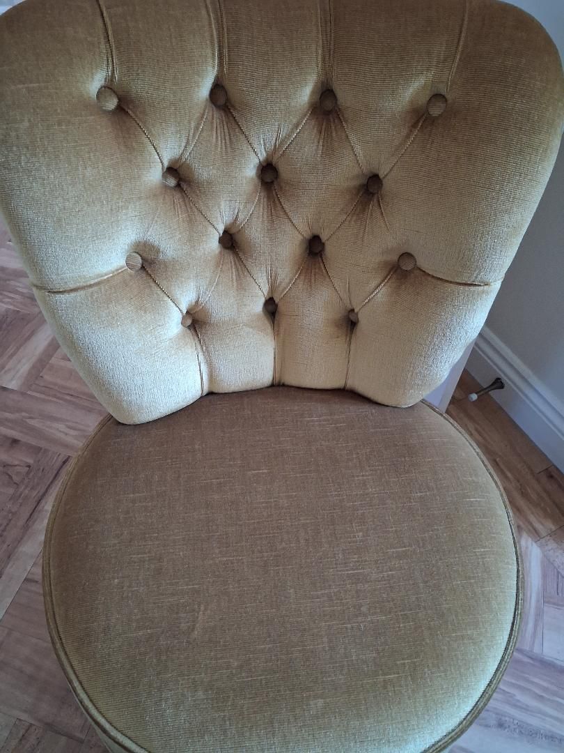 Vintage Gold Dralon Mid Century Buttoned Back Fringed Boudoir Cocktail Chair photo furniture