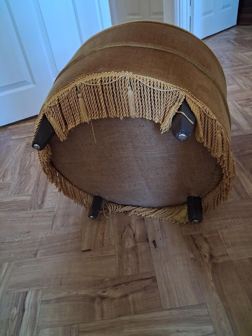 Vintage Gold Dralon Mid Century Buttoned Back Fringed Boudoir Cocktail Chair photo for sale