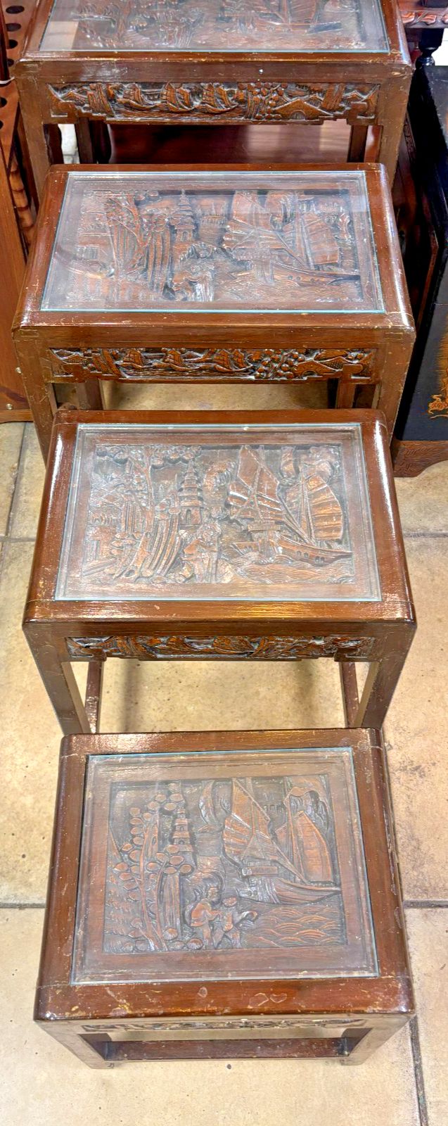 Antique Chinese Heavily Carved Four Nest Of Tables With Glass Tops photo for sale