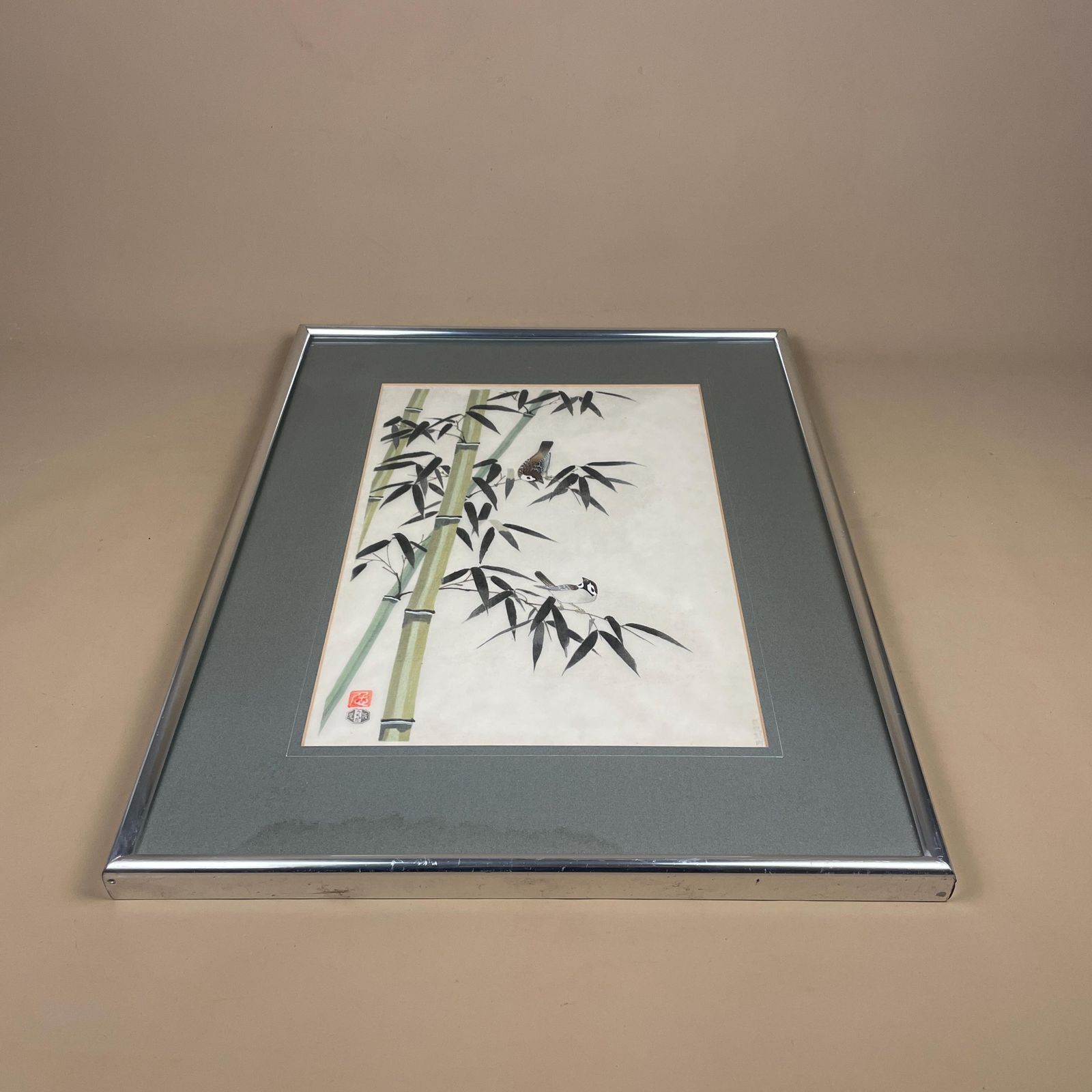 Oriental Hand Painted Picture Framed Vintage Bamboo Birds Silver Frame Wood Art Silk Antique 60x47cm Original Artwork Fabric Block Printed photo 169.0