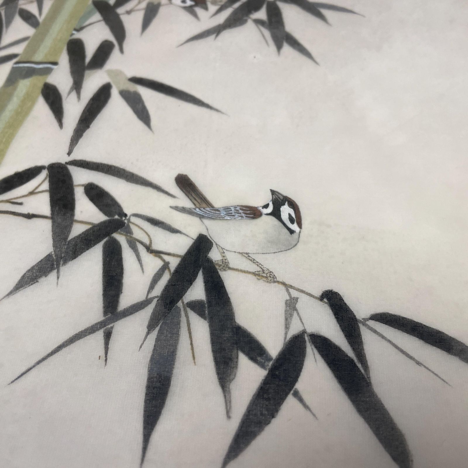 Oriental Hand Painted Picture Framed Vintage Bamboo Birds Silver Frame Wood Art Silk Antique 60x47cm Original Artwork Fabric Block Printed photo vintage