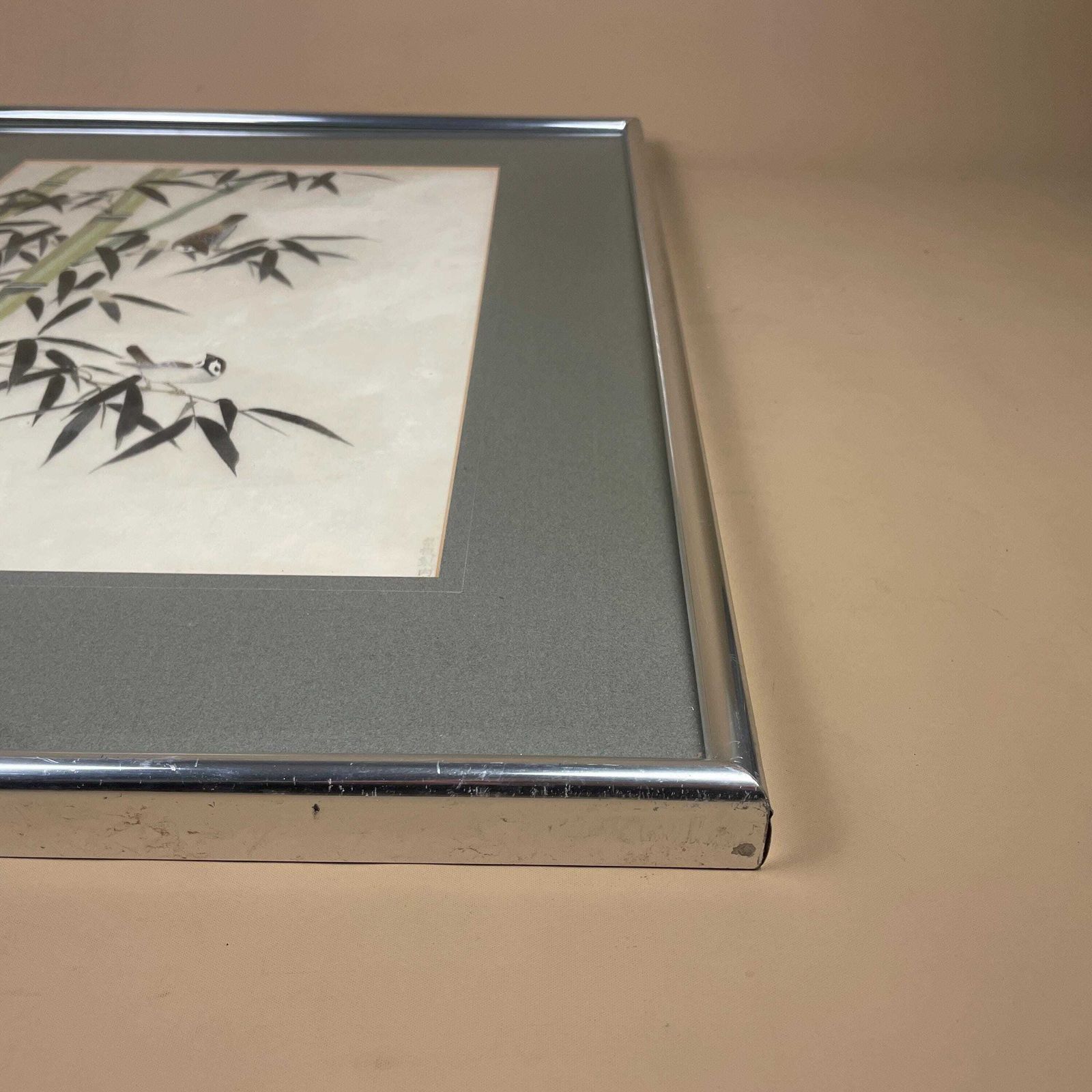 169.0 Oriental Hand Painted Picture Framed Vintage Bamboo Birds Silver Frame Wood Art Silk Antique 60x47cm Original Artwork Fabric Block Printed photo