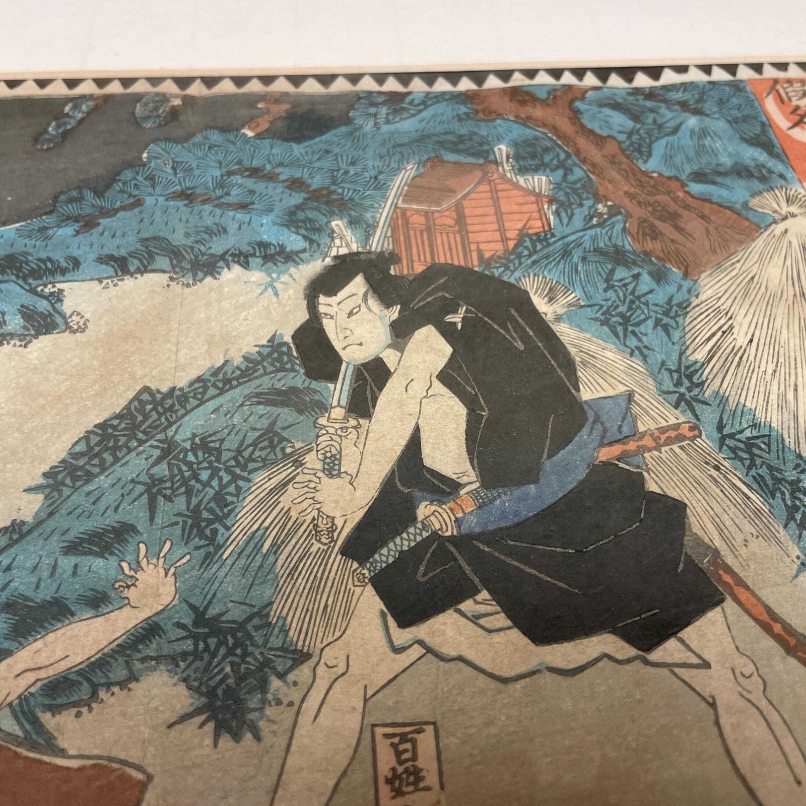 Antique Hand Printed Painted Picture Framed Oriental Art Original Print Black Vintage Wood Japanese 38x48cm Original Artwork Japan photo for sale