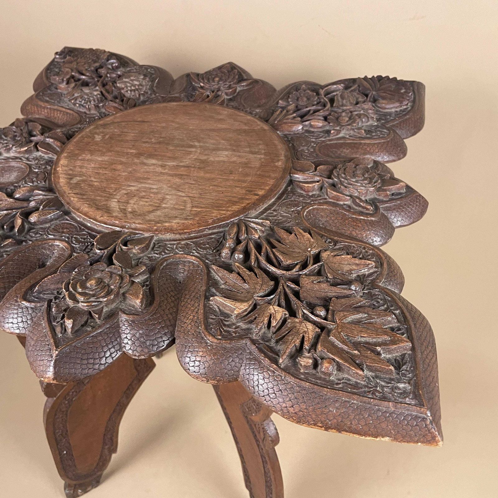 photo furniture Anglo Indian Wooden Table Fold Down Campaign Decorative Intricate Patterned Hand Crafted Square C.1900 Antique Asian Plant Stand Carved Wood