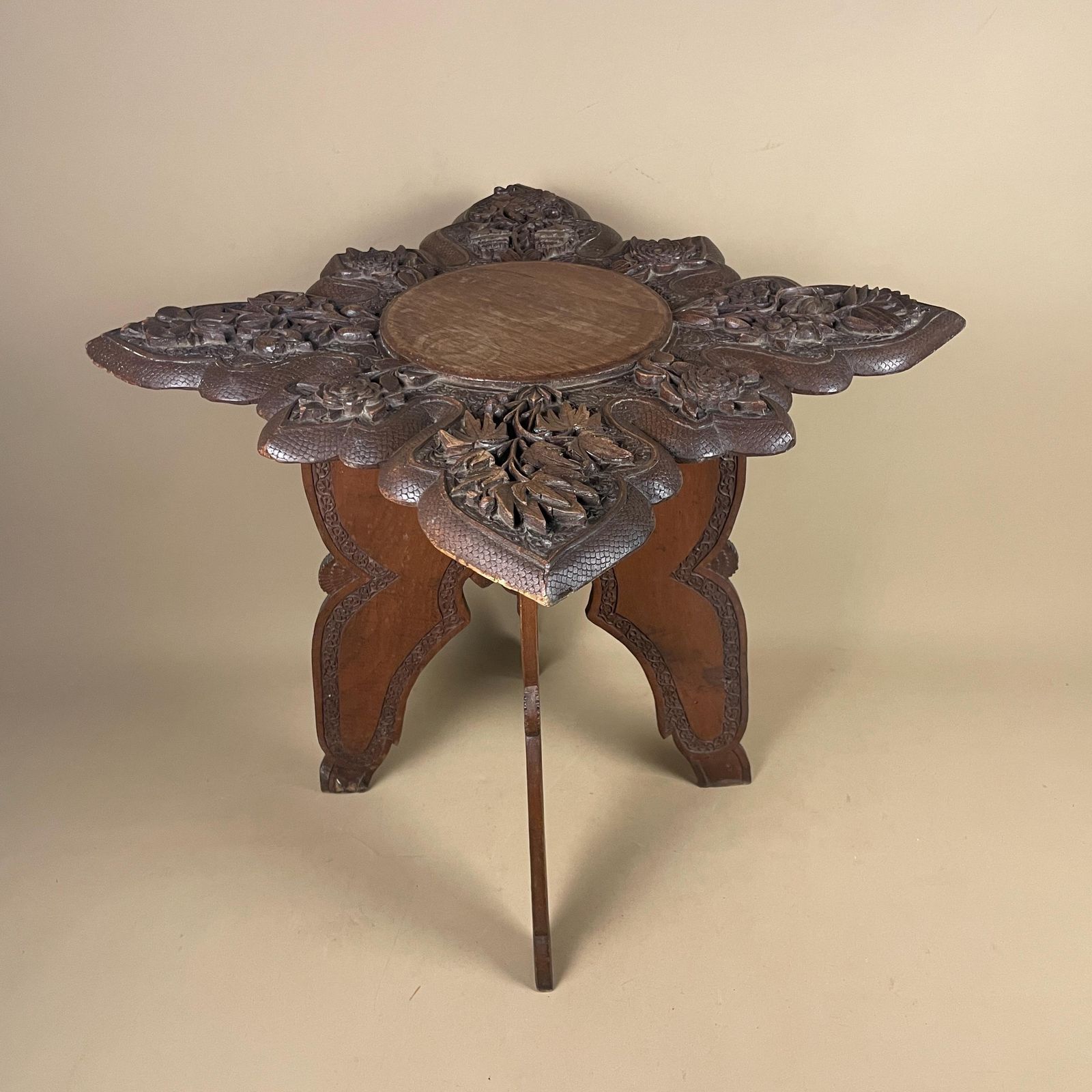 Furniture Anglo Indian Wooden Table Fold Down Campaign Decorative Intricate Patterned Hand Crafted Square C.1900 Antique Asian Plant Stand Carved Wood photo