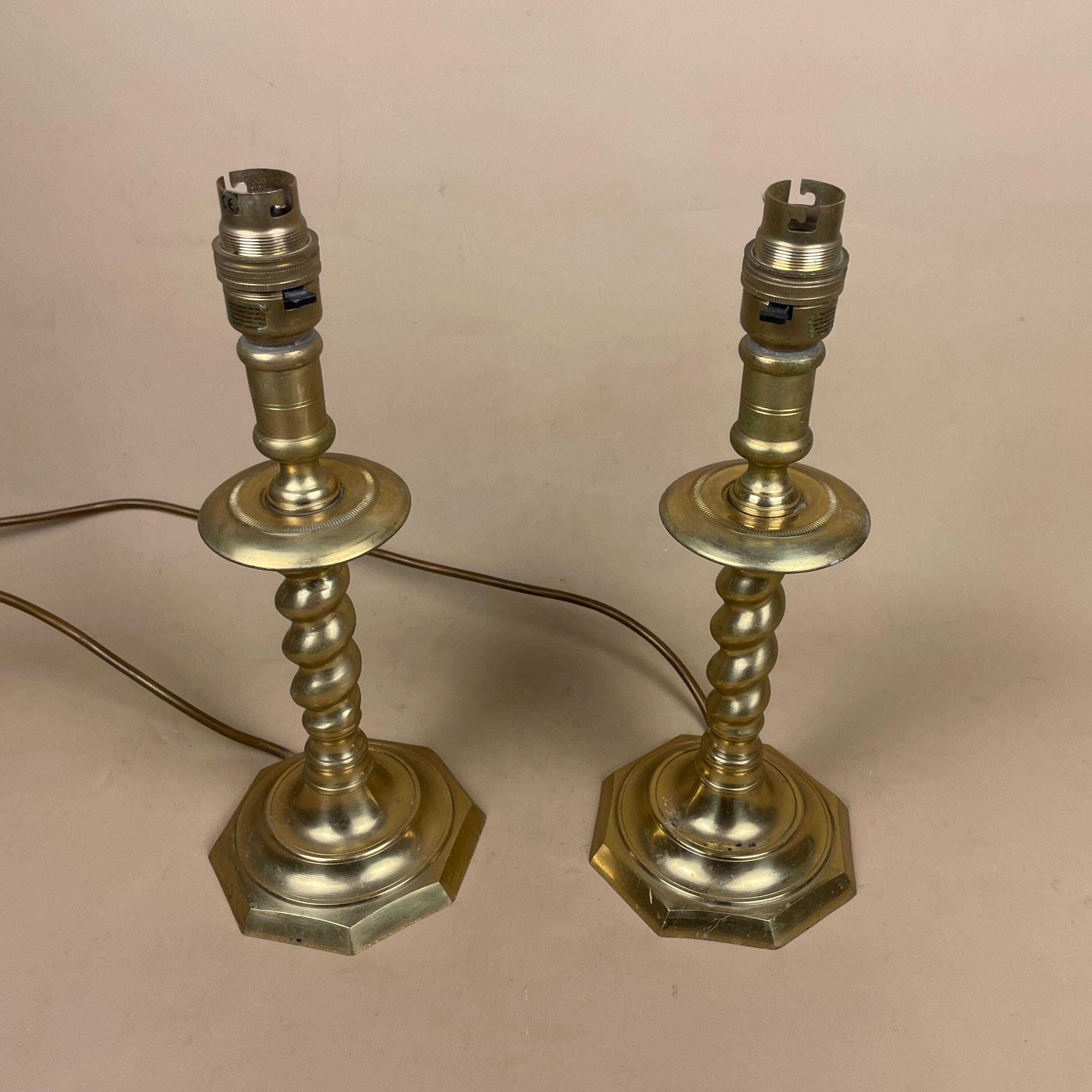 Antique Matching Pair Of Metal Gold Brass Lamps Lights Bedside Side Lamp Table Desk Light Column Octagon Base Vintage Classic Two Set photo for sale