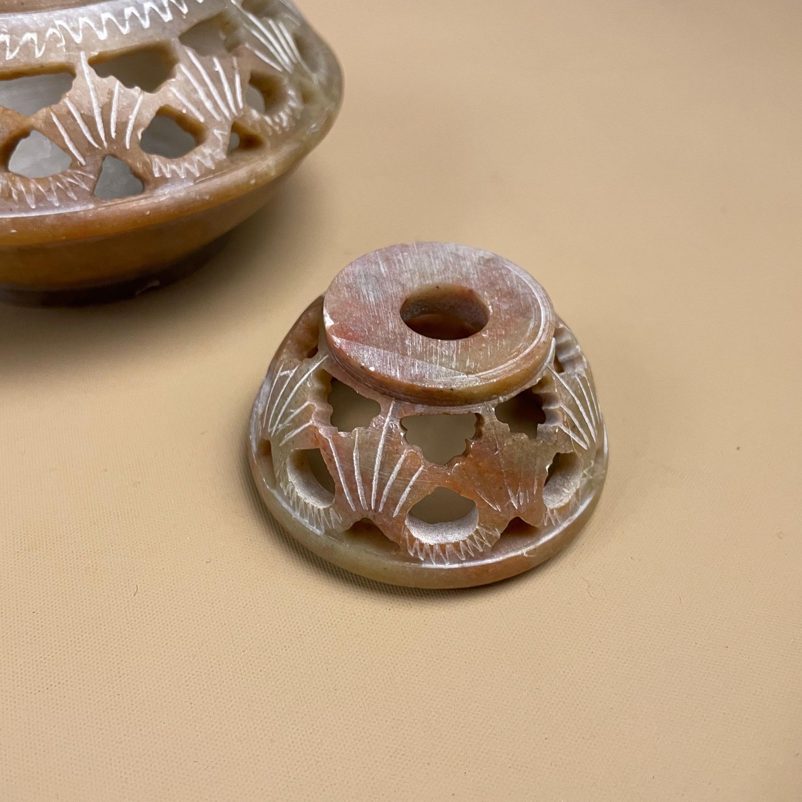 Soapstone Tea Light Holder Carved Pot Pierced Lid Indian Incense Burner Decor Box Potpourri Holder Trinket photo 55.0