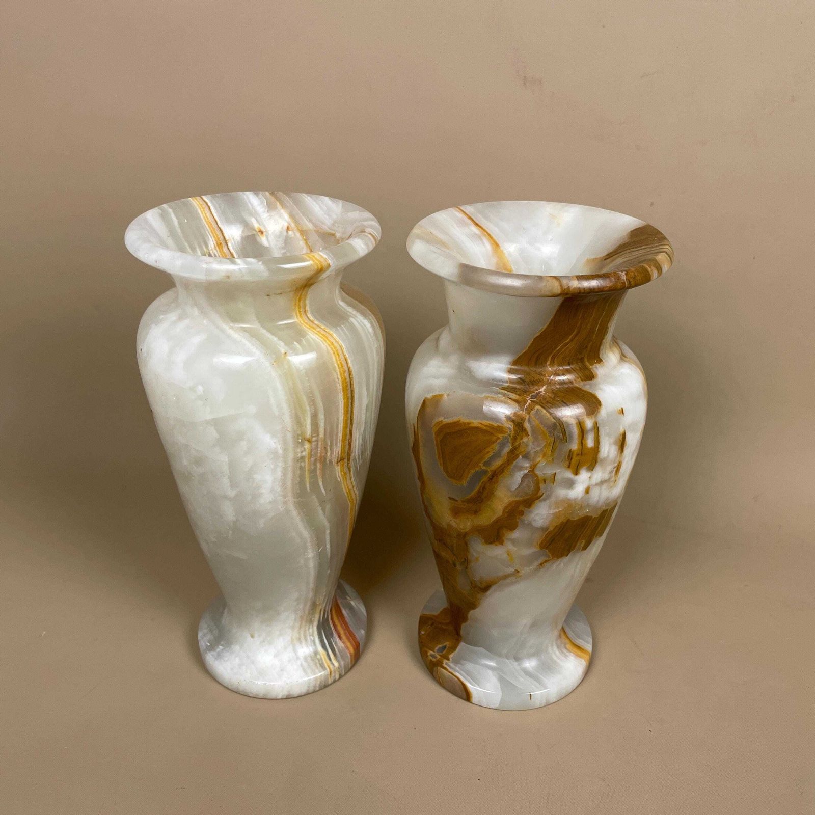 Marble Vases Pots Brown Green Cream Natural Pattern Ornament Vintage Decorative Onyx Hand Carved Stone Pair Tabletop Accent Mantel Decor photo for sale