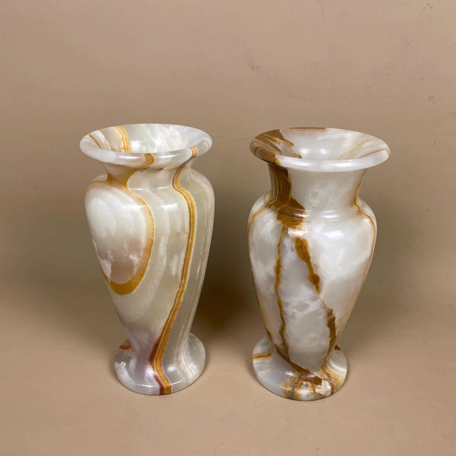 Marble Vases Pots Brown Green Cream Natural Pattern Ornament Vintage Decorative Onyx Hand Carved Stone Pair Tabletop Accent Mantel Decor photo vintage