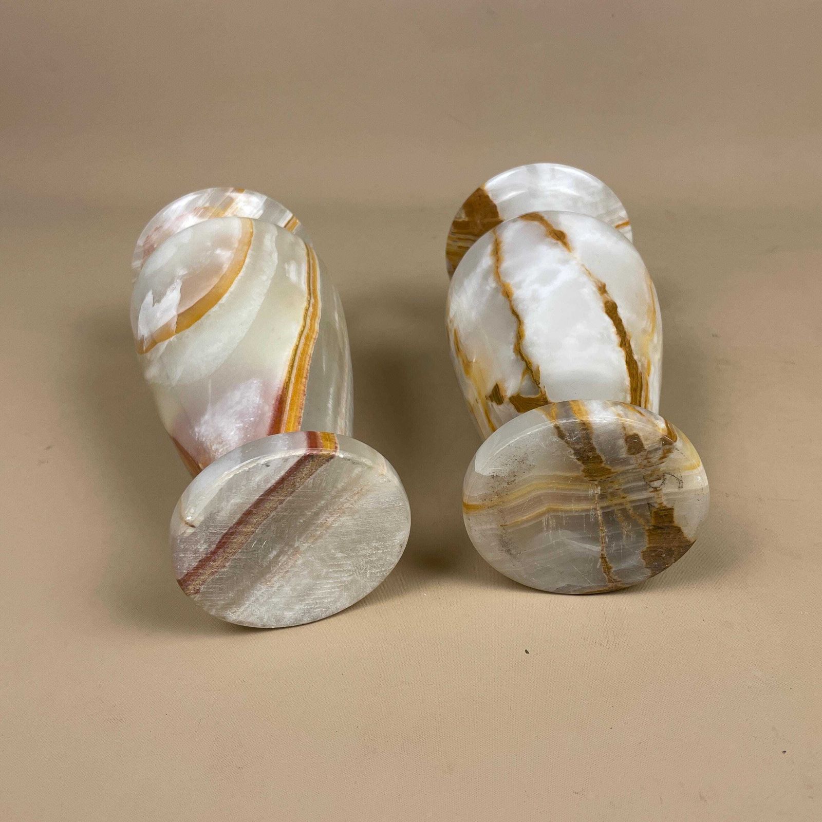 photo for sale Marble Vases Pots Brown Green Cream Natural Pattern Ornament Vintage Decorative Onyx Hand Carved Stone Pair Tabletop Accent Mantel Decor