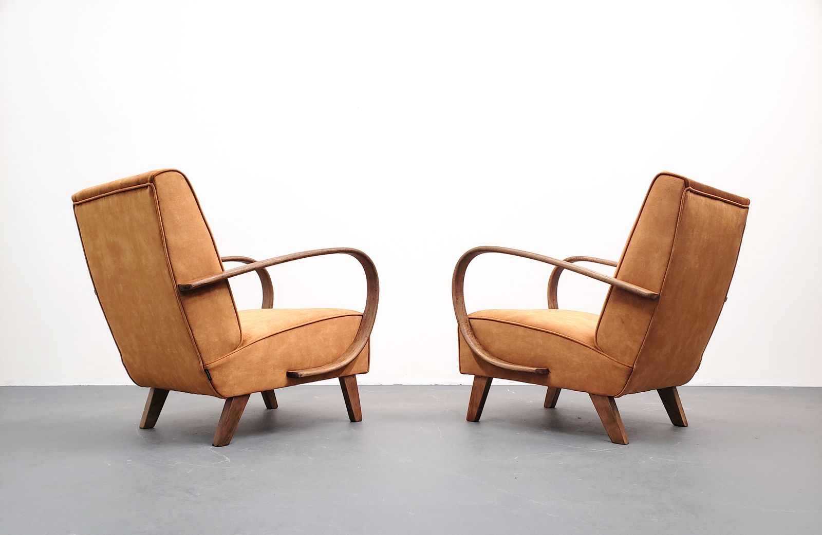 Set Of Two   1930 Jindrich Halabala Bentwood Armchairs In Rust Brown Velvet photo for sale