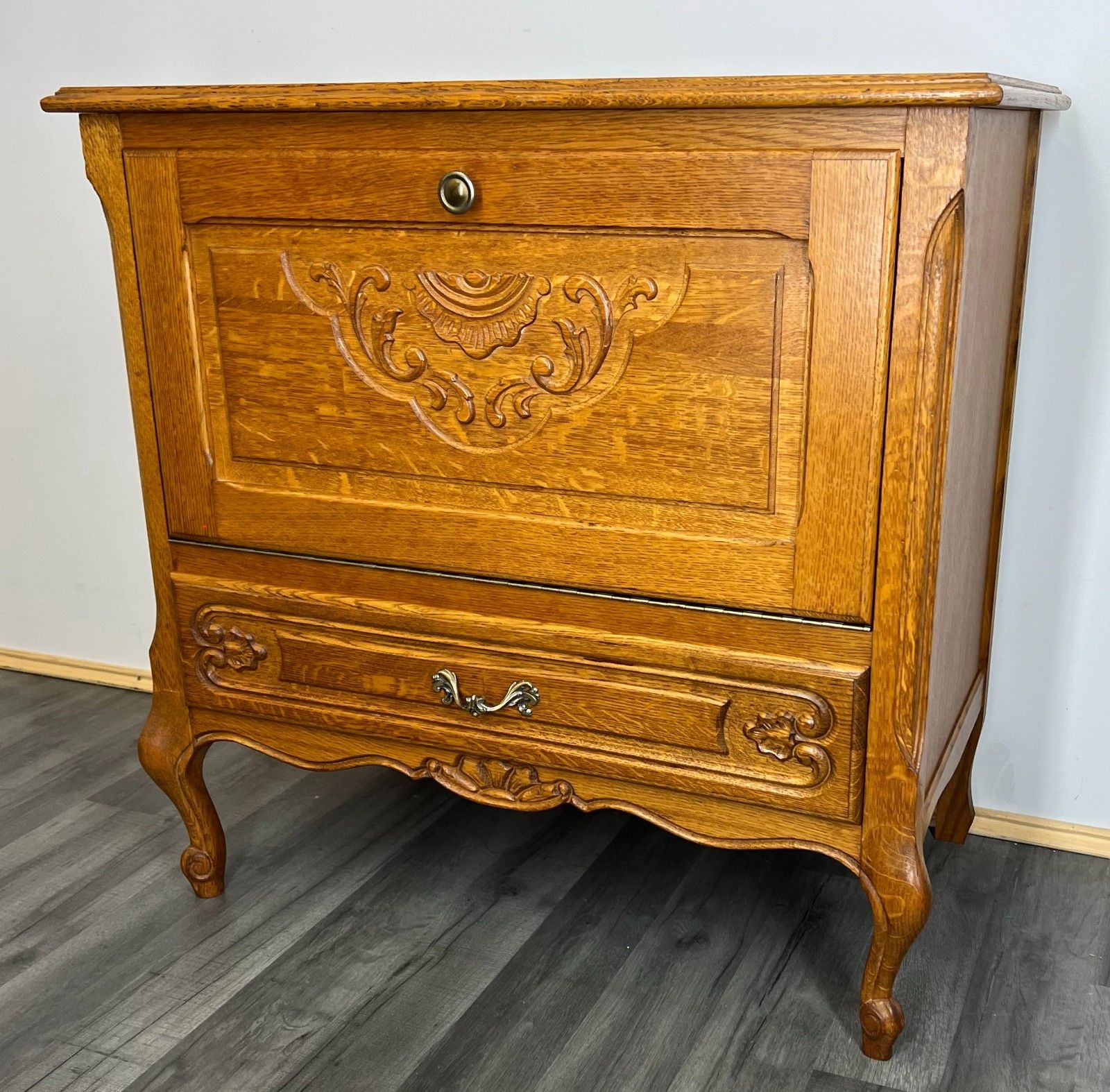 Cabinet Vintage French Louis XIV Style Drop Front Oak Carved Sideboard Lot 1812 photo furniture