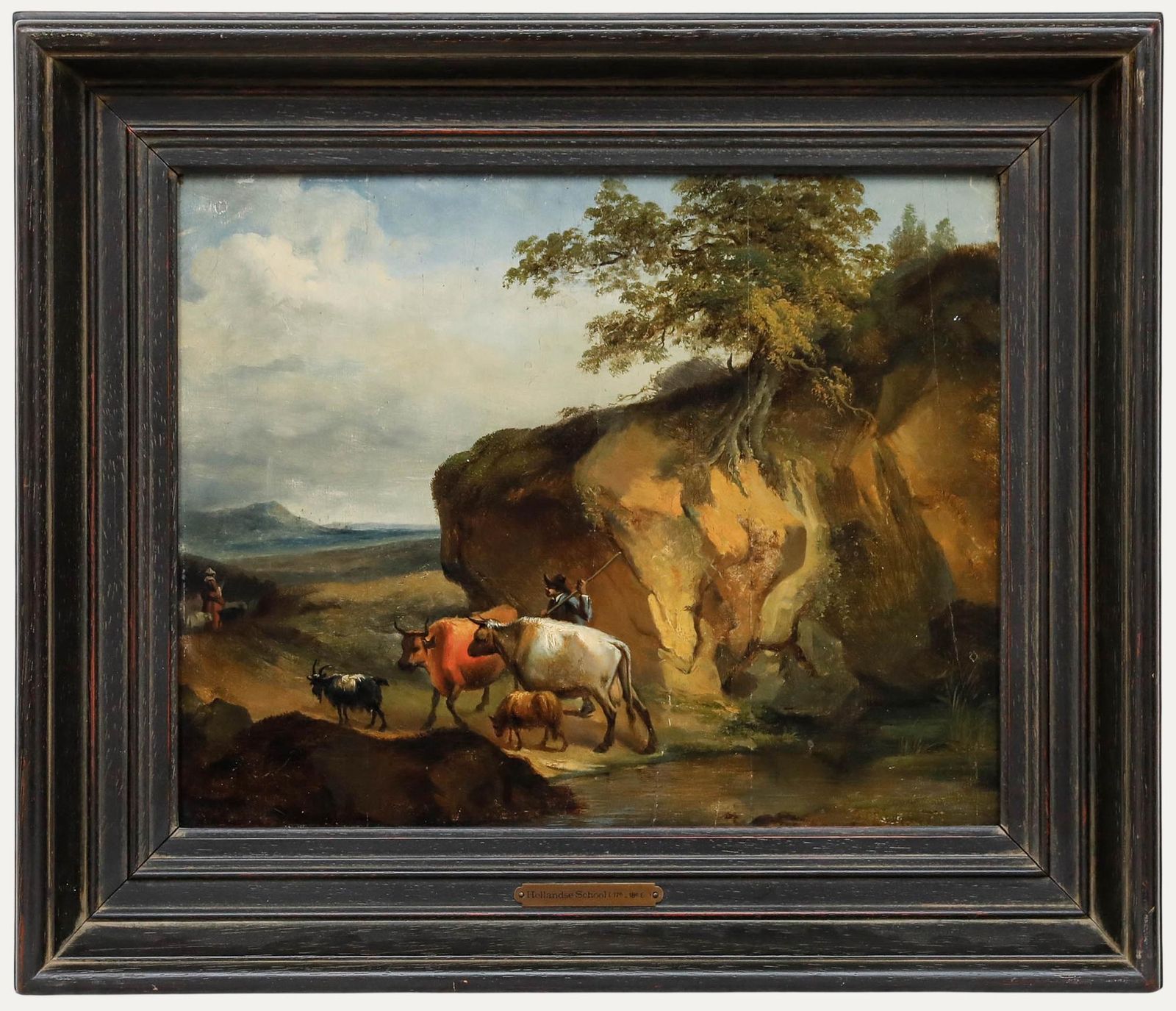 Follower Of Nicolaes Berchem Framed 18th Century Oil, Drover With Livestock