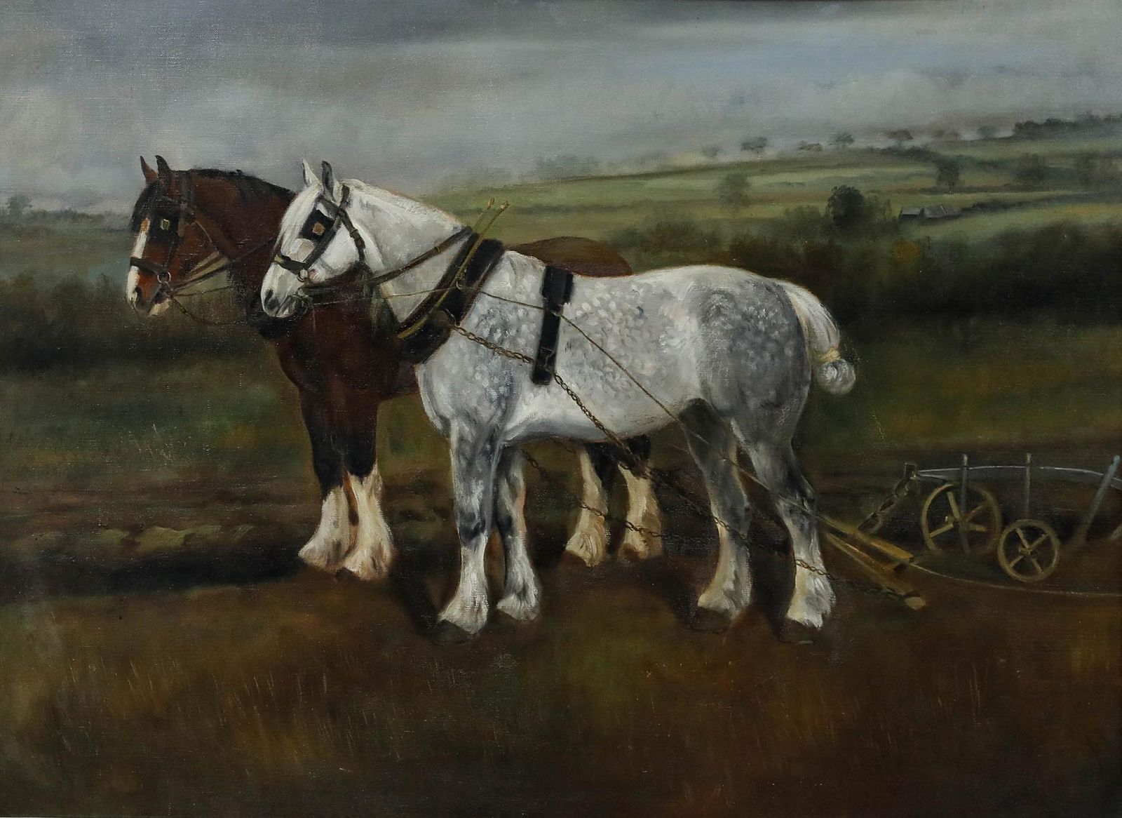 Framed Early 20th Century Oil Ploughing Team In A Landscape photo furniture