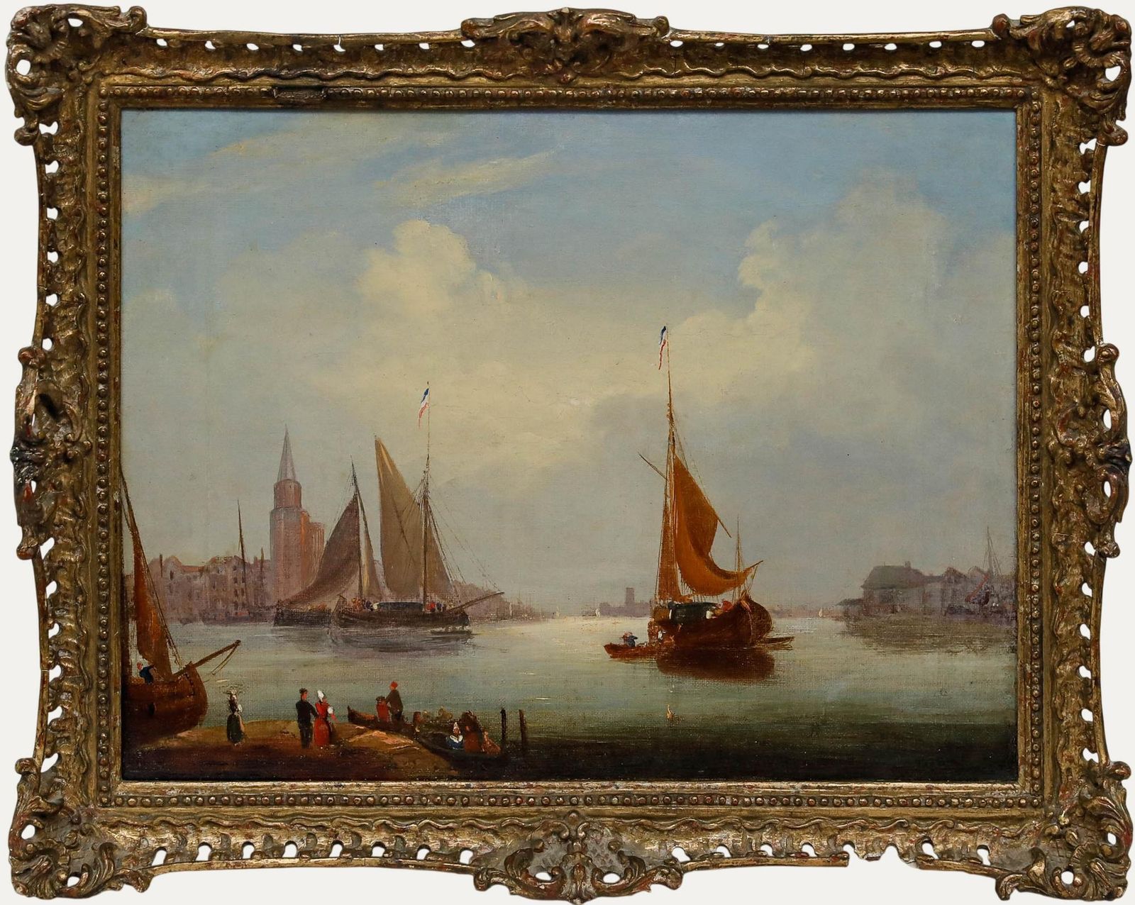 Framed 19th Century Oil A Busy Dutch Port
