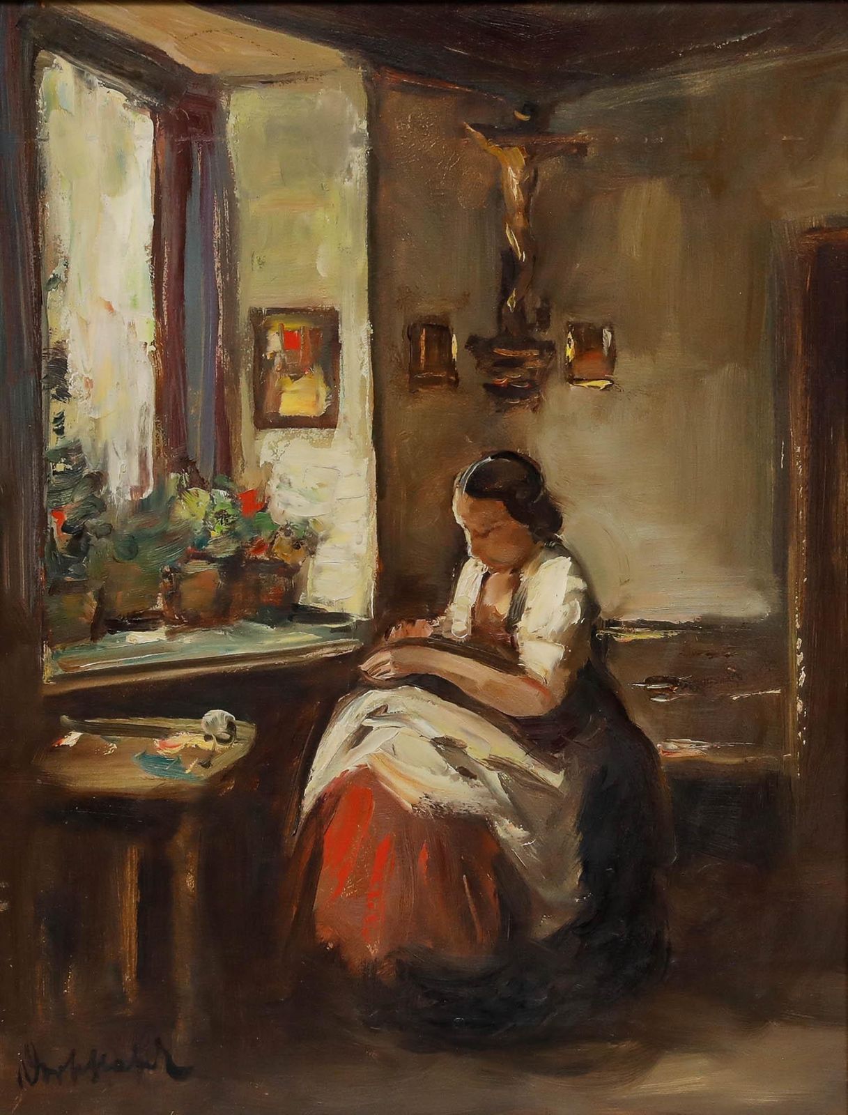 Georg Albert Dorschefeldt (1898 1979) Framed Oil, Mending Clothes photo furniture