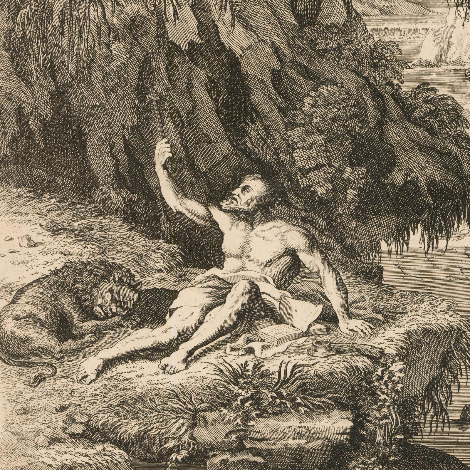 Adriaen Van Der Cabel (1631 1705) 17th Century Etching, Saint Jerome photo for sale