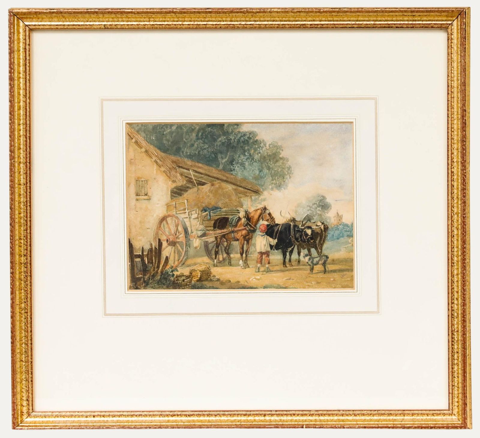 Framed Mid 19th Century Watercolour The Haywagon & Working Oxen