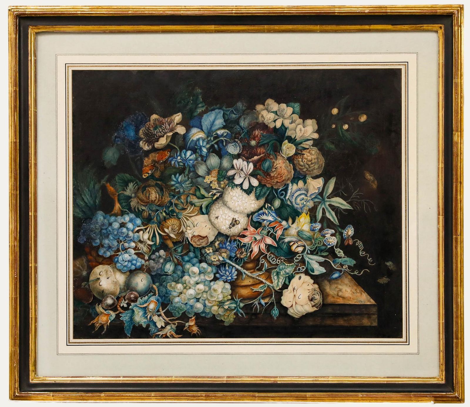 Framed 19th Century Watercolour Still Life With Flowers And Insects