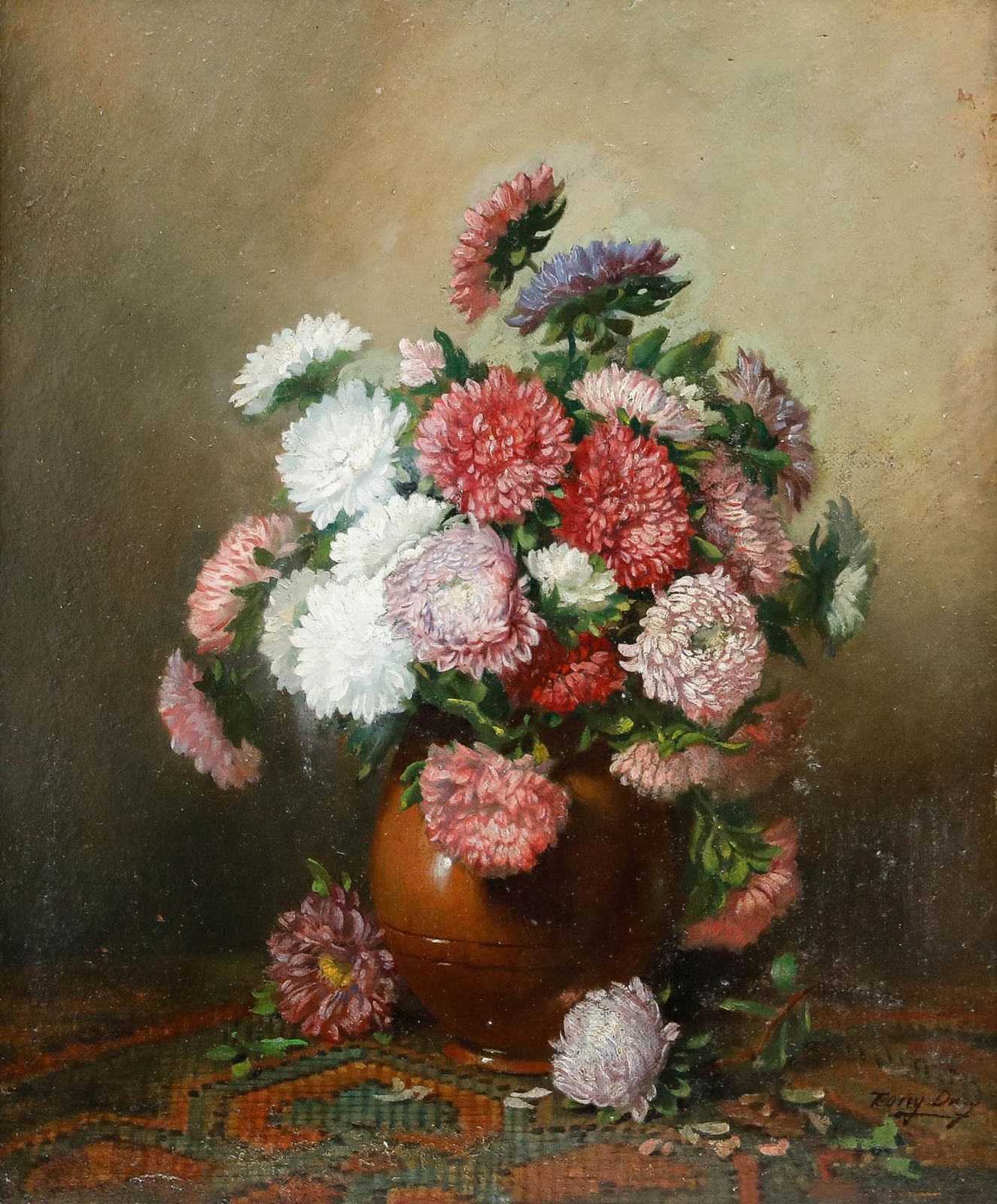 Framed Mid 20th Century Oil Still Life With Chrysanthemums photo for sale