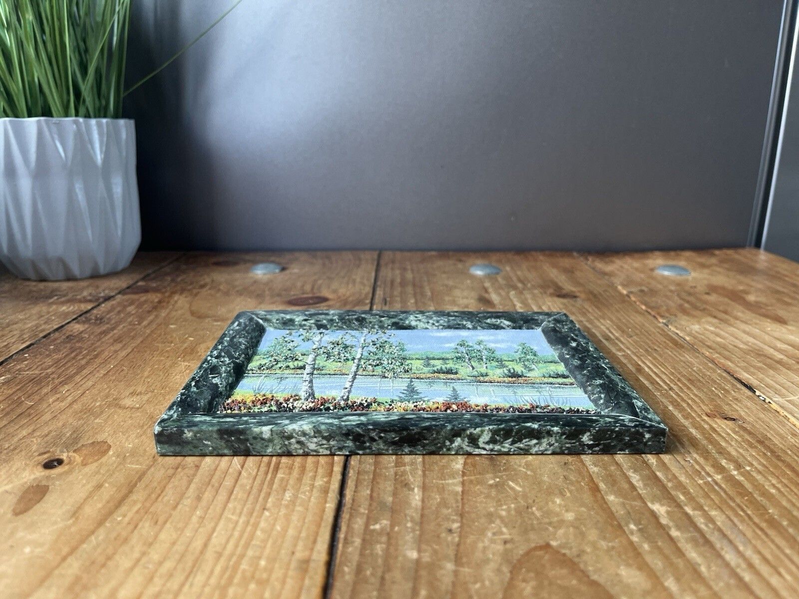 Vintage Russian Crushed Gemstone Landscape Slab Panel Painting In Stone Frame photo for sale