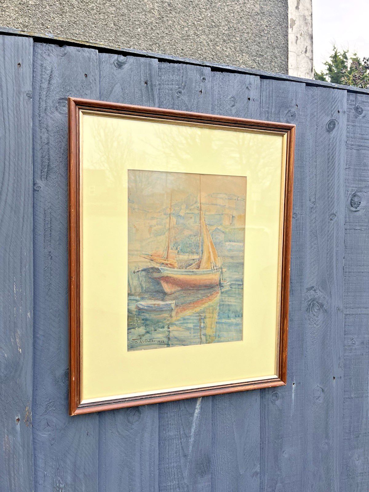 Antique Framed Watercolour Harbour Scene Sailing Boats Painting By Listed Artist photo Art