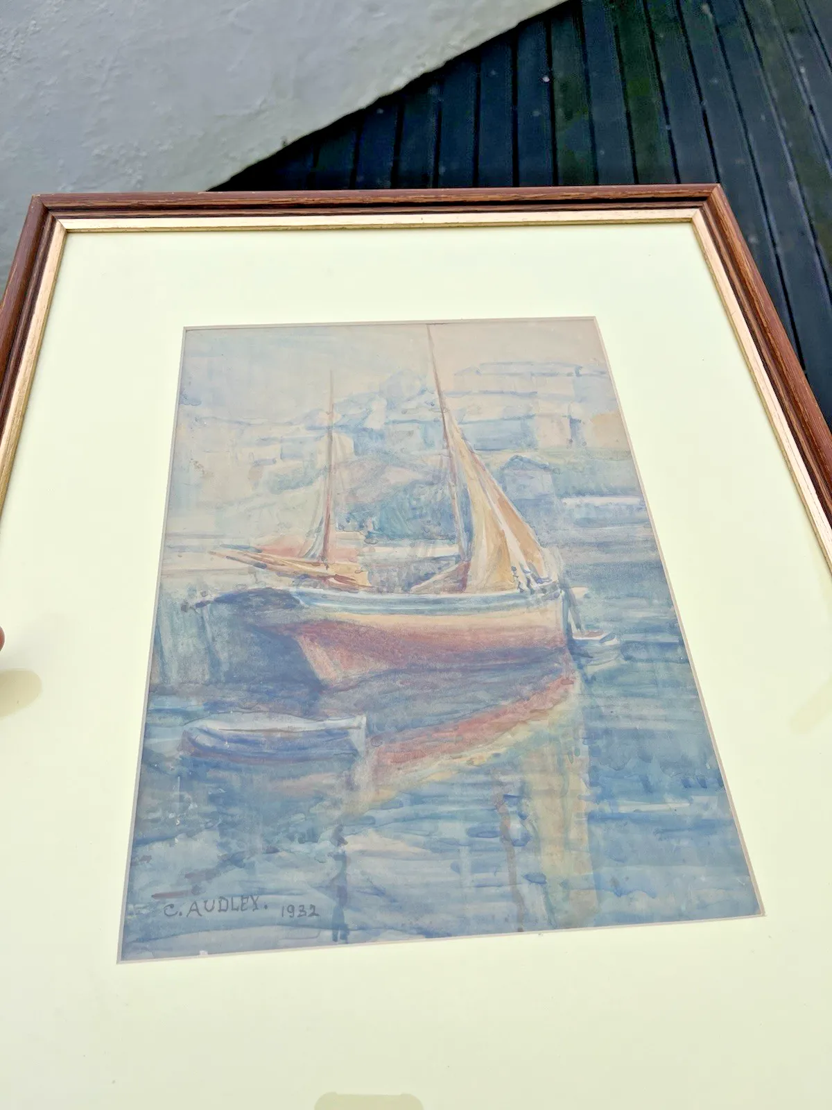 photo furniture Antique Framed Watercolour Harbour Scene Sailing Boats Painting By Listed Artist
