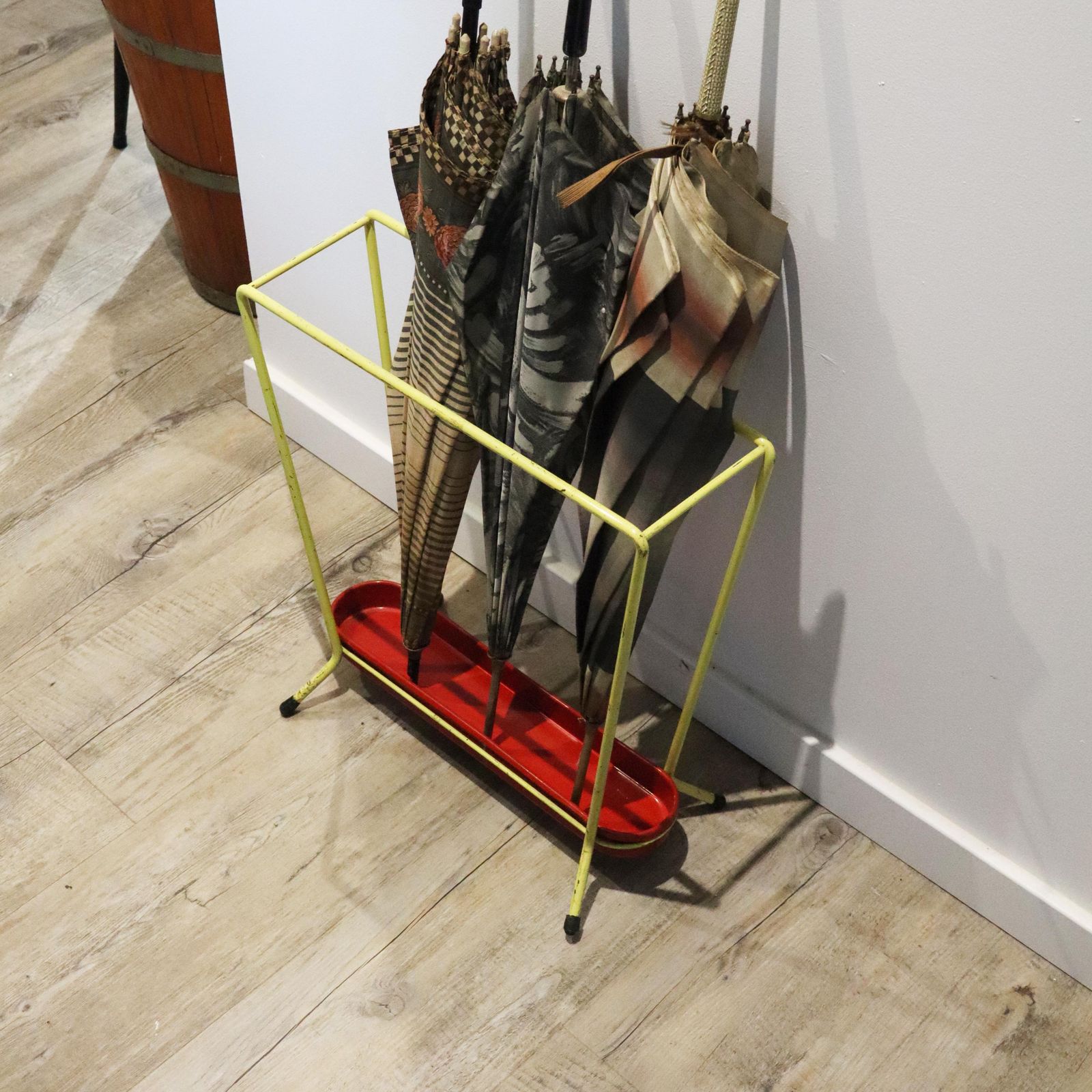 Midcentury Modern Umbrella Stand Rockabilly Yellow And Red French Walking Stick Holder