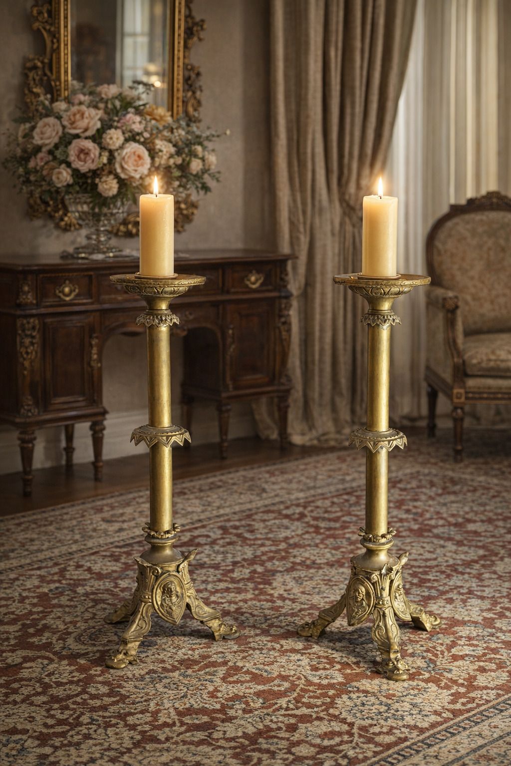 Coppia Candelabri D'altare Antichi In Bronzo Stile Neogotico H 60 Cm