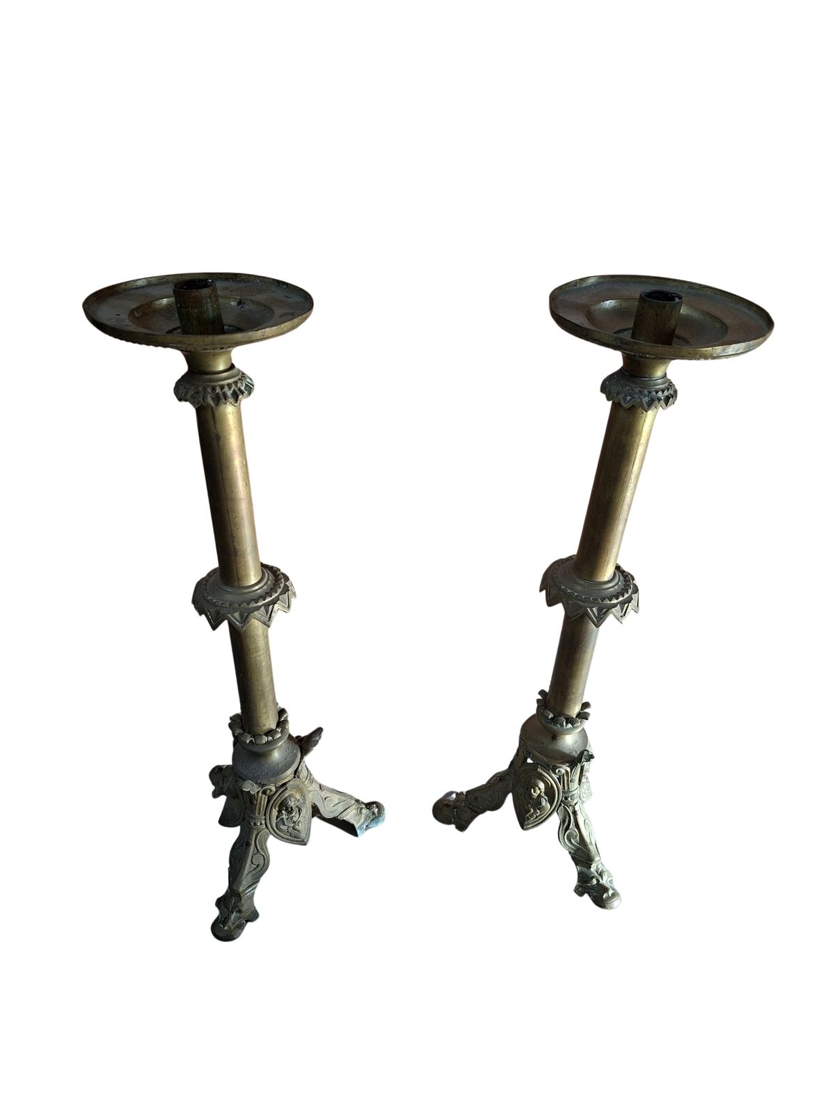 Coppia Candelabri D'altare Antichi In Bronzo Stile Neogotico H 60 Cm photo for sale