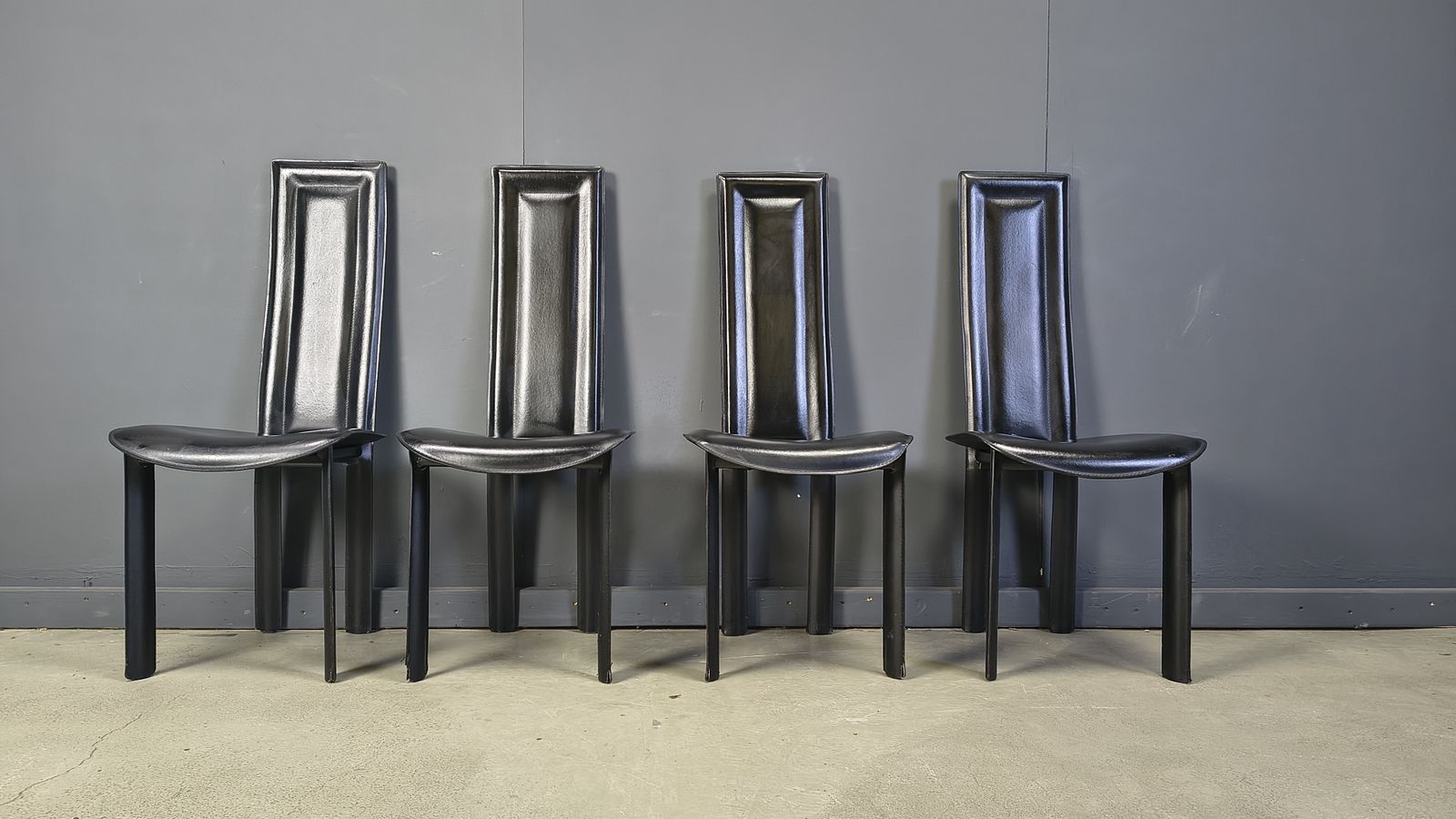photo buy Vintage Black Leather Dining Chairs, Set Of 4, 1980s