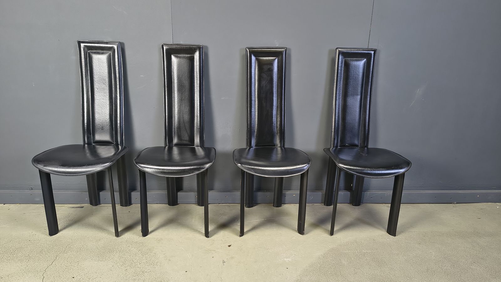 Vintage Black Leather Dining Chairs, Set Of 4, 1980s