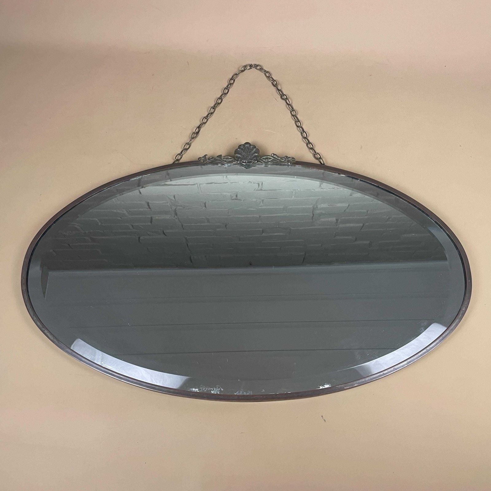 Antique Wall Mirror Oval Metal Frame Bevelled Glass Hanging Chain Vintage 43.5x69.5cm Bedroom Hallway Pattern Border Pewter Silver Ornate photo furniture