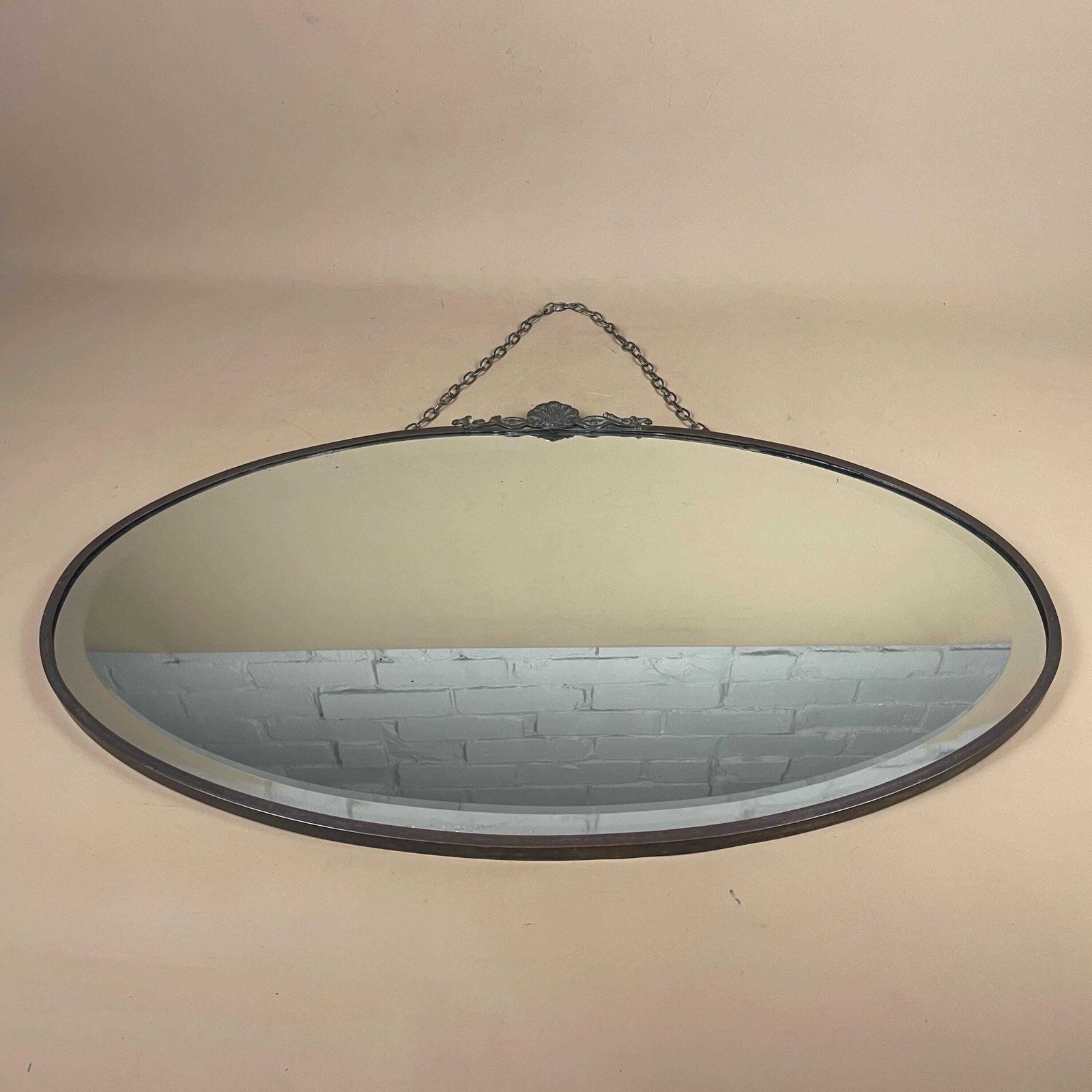 Antique Wall Mirror Oval Metal Frame Bevelled Glass Hanging Chain Vintage 43.5x69.5cm Bedroom Hallway Pattern Border Pewter Silver Ornate photo for sale