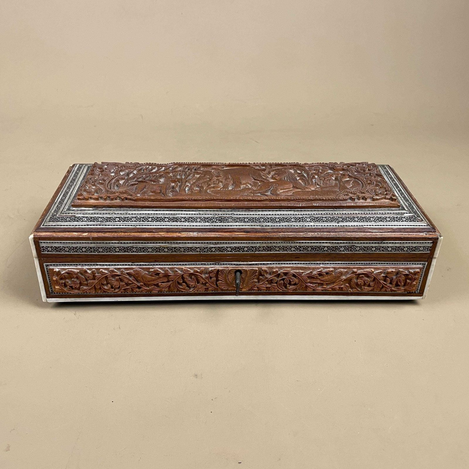 Antique Indian Box Hand Carved Animal Pattern Trinket Jewellery Table Top Brown Intricate Detail 3d Relief Key Lock Pattern Marquetry photo furniture