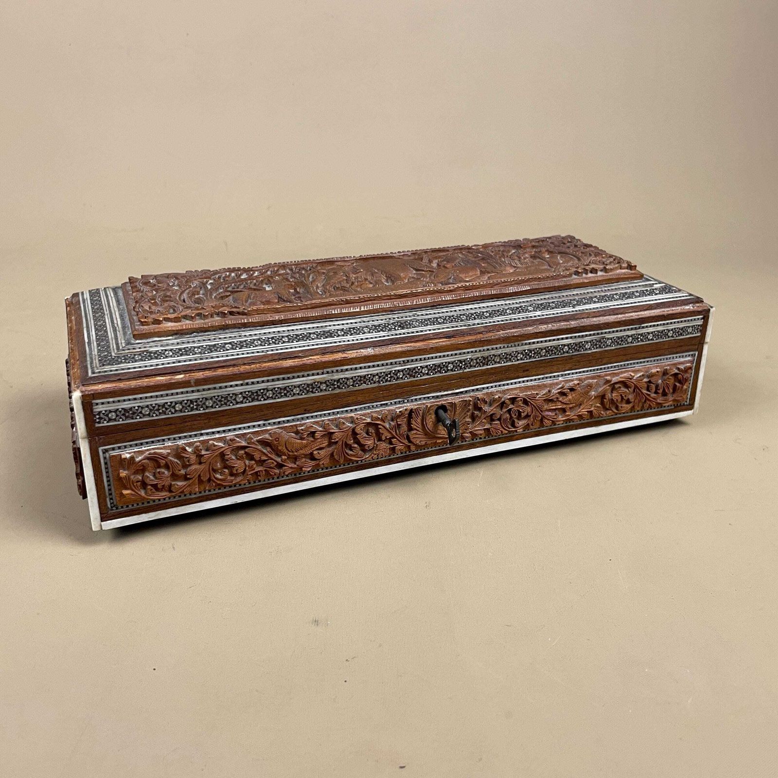 Antique Indian Box Hand Carved Animal Pattern Trinket Jewellery Table Top Brown Intricate Detail 3d Relief Key Lock Pattern Marquetry photo Home Decor