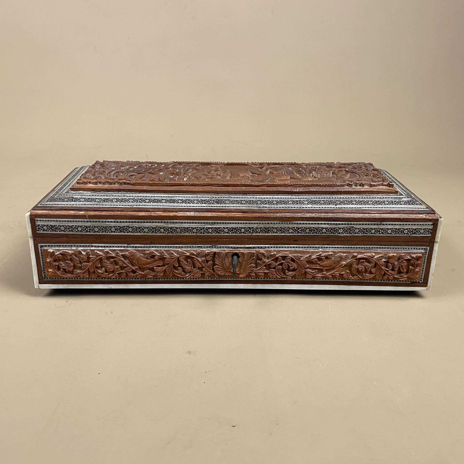 Antique Indian Box Hand Carved Animal Pattern Trinket Jewellery Table Top Brown Intricate Detail 3d Relief Key Lock Pattern Marquetry photo vinterior