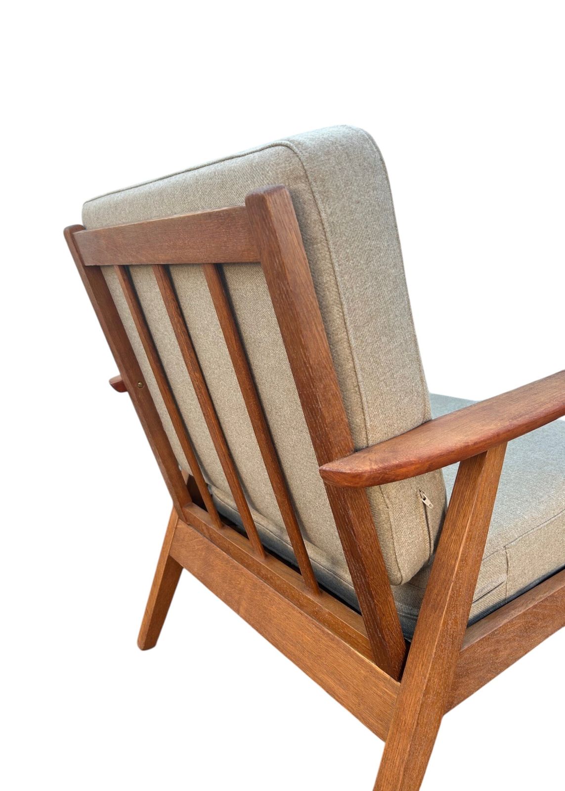 Danish Teak And Oak Cream Beige Wool Lounge Armchair Mid Century Chair 1960s photo vintage