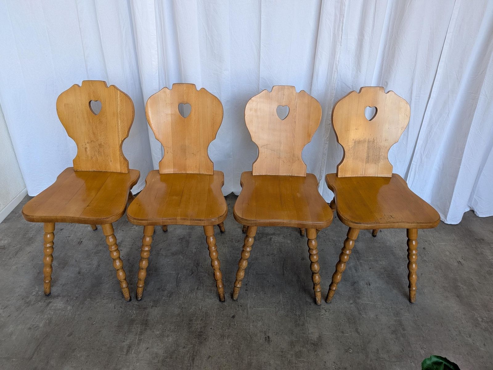 Set Of 4 Vintage Tyrolean Heart Cutout Wooden Dining Chairs, Rustic Farmhouse Style photo furniture