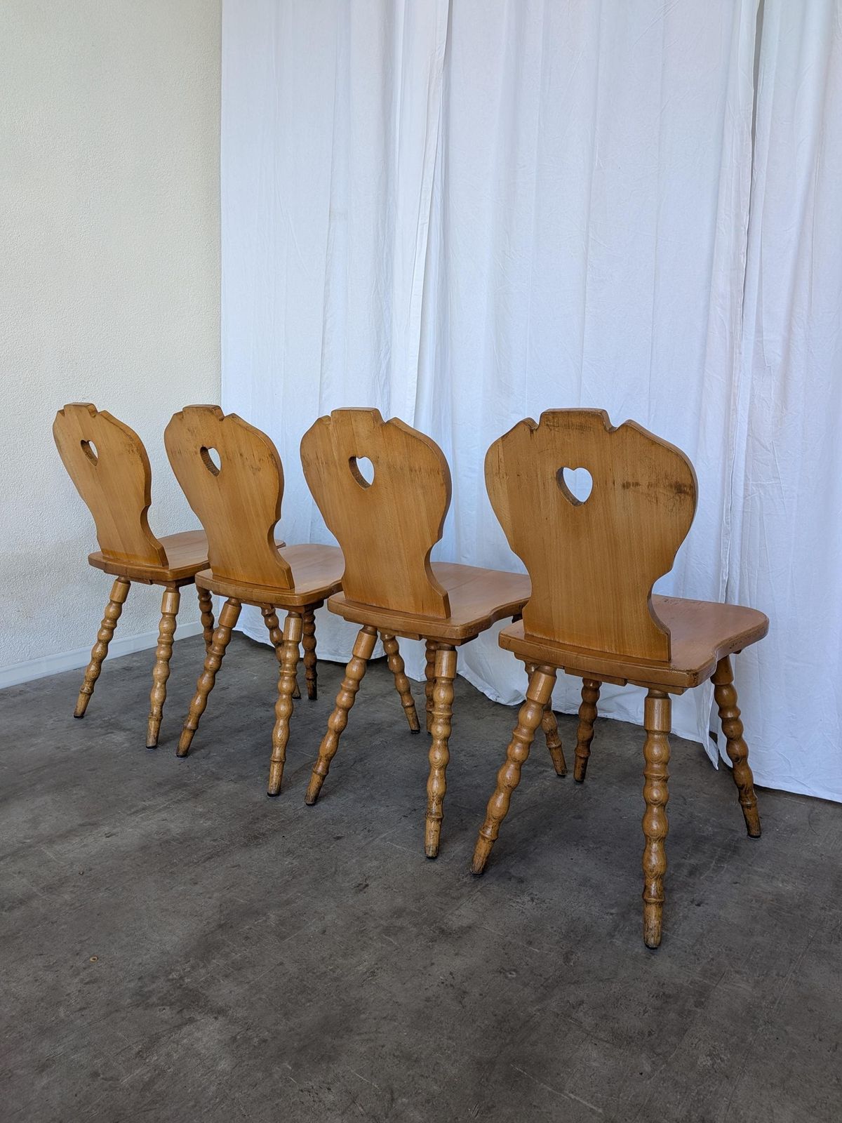 Set Of 4 Vintage Tyrolean Heart Cutout Wooden Dining Chairs, Rustic Farmhouse Style photo for sale
