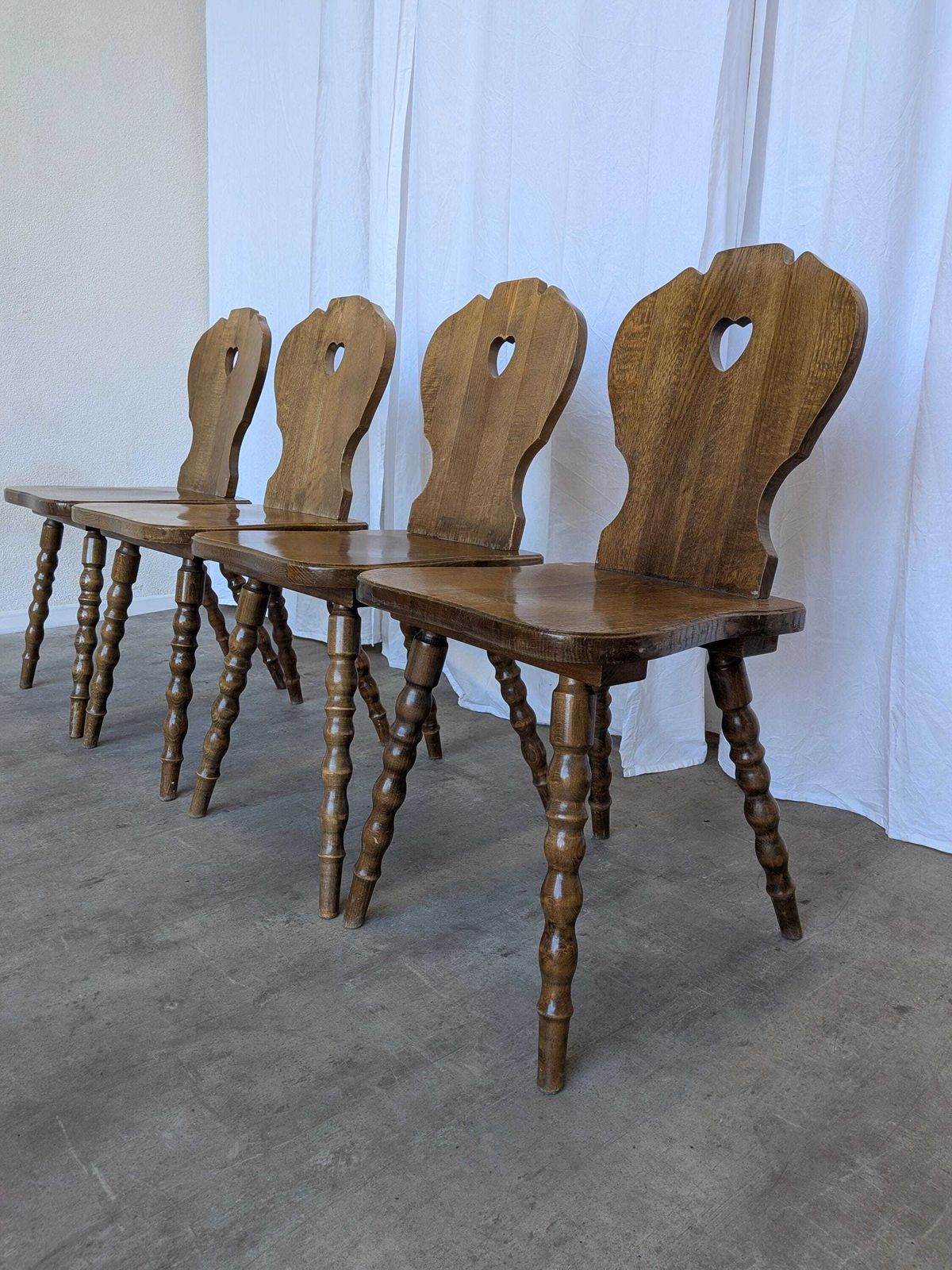 Set Of 4 Vintage Tyrolean Heart Cutout Wooden Dining Chairs / Darker Brown Wood photo vinterior