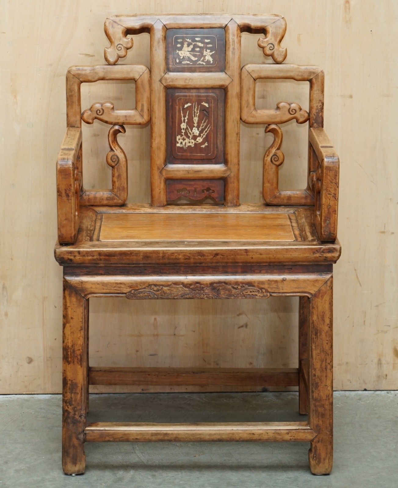 Pair Of Antique Chinese Elm Inlaid Armchairs Circa 1920 Lovely Timber Patina photo for sale