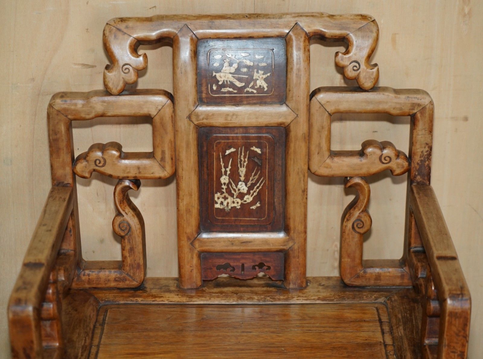 Pair Of Antique Chinese Elm Inlaid Armchairs Circa 1920 Lovely Timber Patina photo Furniture