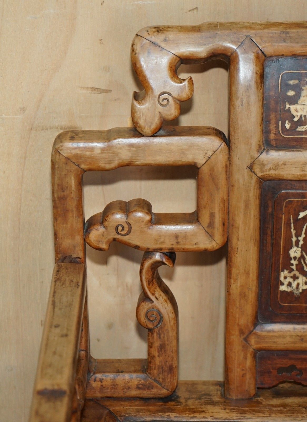 Pair Of Antique Chinese Elm Inlaid Armchairs Circa 1920 Lovely Timber Patina photo 1850.0