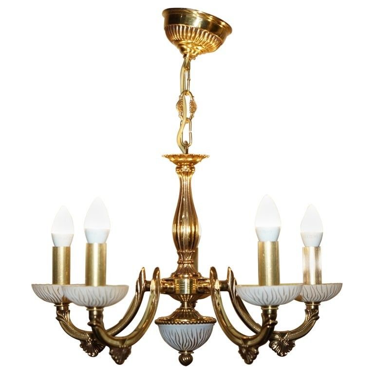 Lovely Reccagni Made In Italy Brass & Frosted Glass Five Candle Light Chandelier